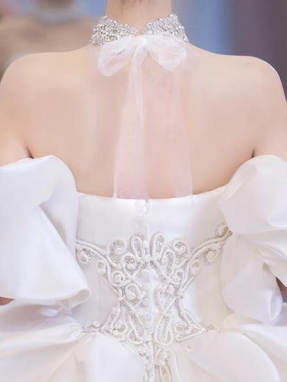 Elegant Ball Gown Off The Shoulder Satin With Veil Long Wedding Dresses C4212