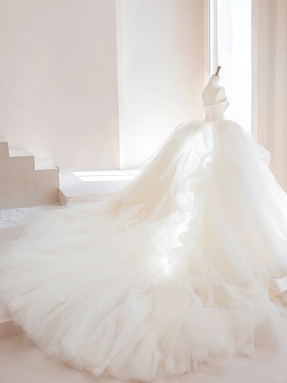 Elegant Ball Gown Strapless Satin Tulle Long Wedding Dresses C4215