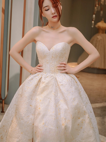 Dreamy Ball Gown Strapless Satin Beaded Long Wedding Dresses C4228