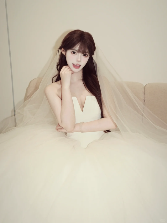Princessful Ball Gown Strapless Satin Tulle With Veil Long Wedding Dresses C4231