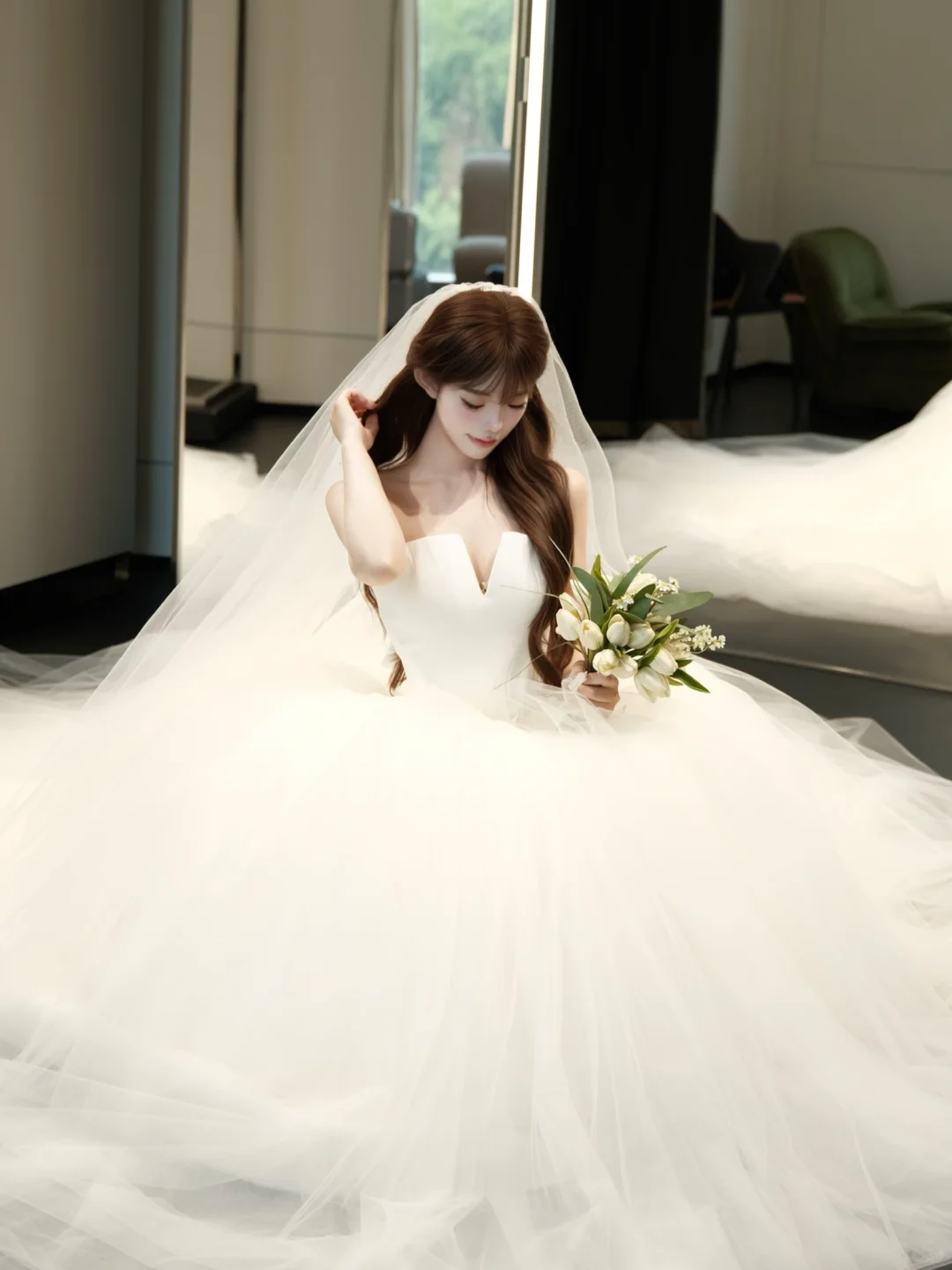 Princessful Ball Gown Strapless Satin Tulle With Veil Long Wedding Dresses C4231