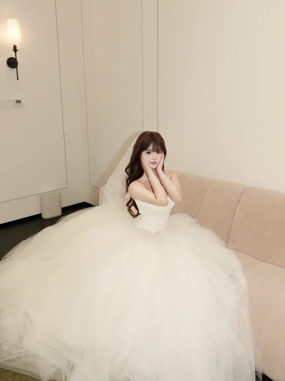 Princessful Ball Gown Strapless Satin Tulle With Veil Long Wedding Dresses C4231