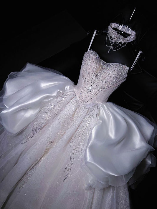 Dreamy Ball Gown Spaghetti Straps Satin Tulle Sequin Long Wedding Dresses C4246