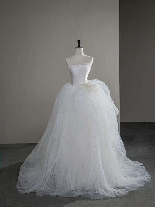 Unique Ball Gown Strapless Satin Tulle Long Wedding Dresses C4249