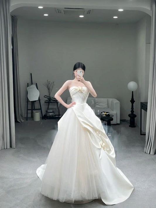 Chic Ball Gown Strapless Satin Tulle Long Wedding Dresses C4252