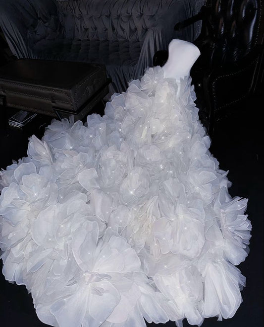 Dreamy Ball Gown Strapless Satin Chiffon Long Wedding Dresses C4267