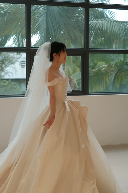Elegant Ball Gown Strapless  Satin Tulle With Veil Long Wedding Dresses C4295