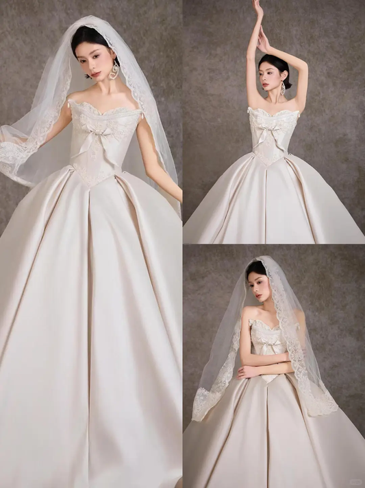 Classy Ball Gown Strapless Satin Lace With Veil Long Wedding Dresses C4303