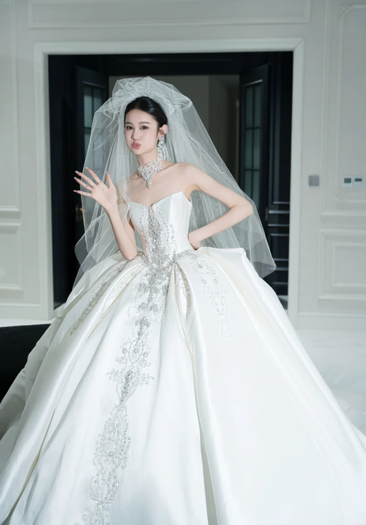 Timeless Ball Gown Strapless Satin Sequin Beaded With Veil Long Wedding Dresses C4323