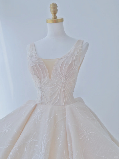Elegant Ball Gown Satin Sequin Backless Long Wedding Dresses C4390