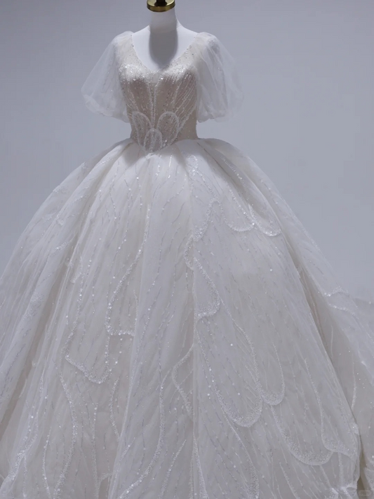 Classy Ball Gown V Neck Tulle Sequin Short Sleeves Long Wedding Dresses C4391