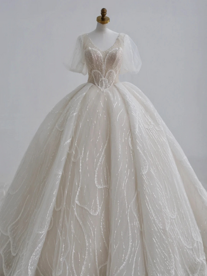 Classy Ball Gown V Neck Tulle Sequin Short Sleeves Long Wedding Dresses C4391