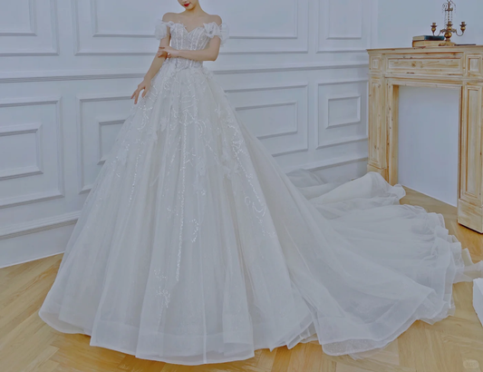 Pretty Ball Gown Off The Shoulder Tulle Sequin With Veil Long Wedding Dresses C4401