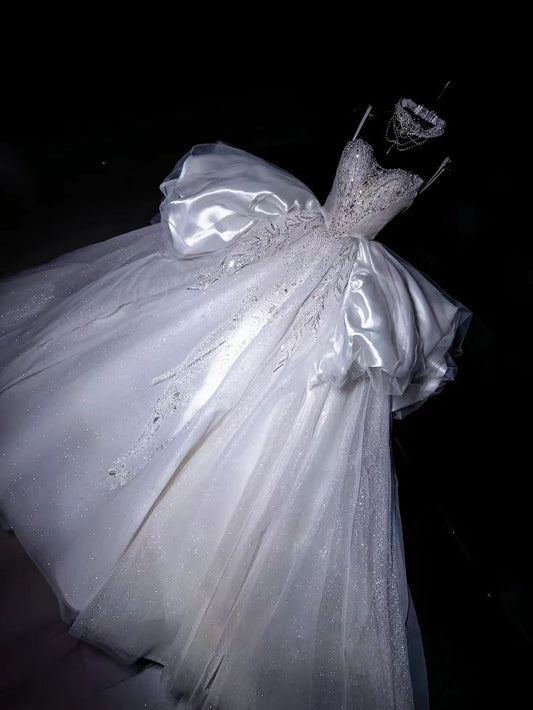 Timeless Ball Gown Spaghetti Straps Satin Tulle Sequin Beads Long Wedding Dresses C4435