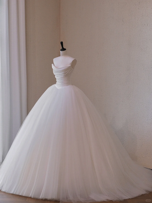 Dreamy Ball Gown Strapless Satin Tulle Long Wedding Dresses C4481