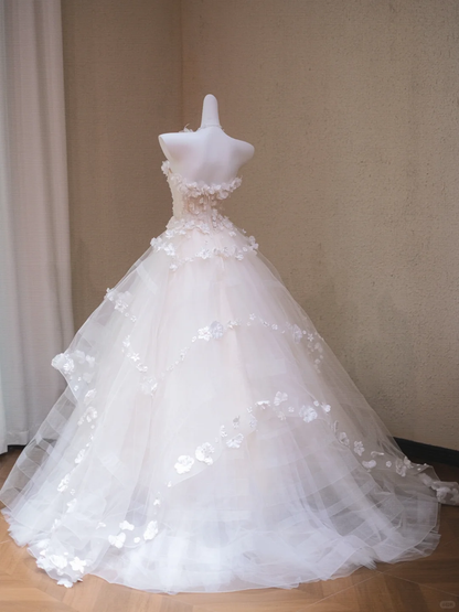 Fairy Ball Gown Strapless Tulle Applique Long Wedding Dresses C4510