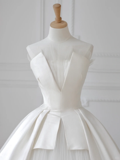 Classy Ball Gown Strapless Satin Tulle Long Wedding Dresses C4535