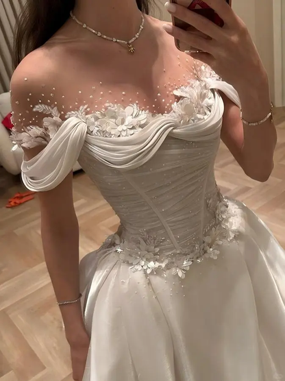 Gorgeous Ball Gown Off The Shoulder Satin Beads Flowers Long Wedding Dresses C4542