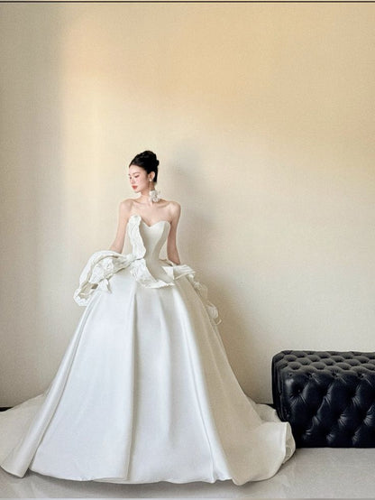 Timeless Ball Gown Strapless Satin  With Gloves Long Wedding Dresses C4582