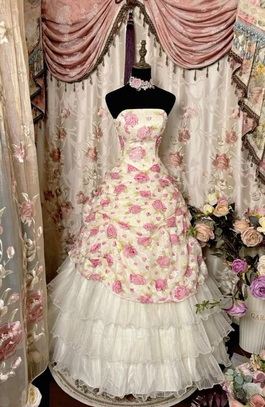 Dreamy Ball Gown Strapless Satin Tulle Flower Long Prom Dresses Formal Dress C4888
