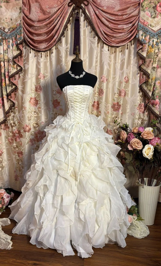 Pretty Ball Gown Strapless Satin Chiffon Ruffles Long Prom Dresses Formal Dress C4890