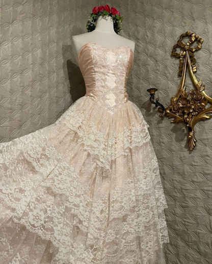Classy Ball Gown Strapless Satin Lace Tiered Long Prom Dresses Formal Dress C4891