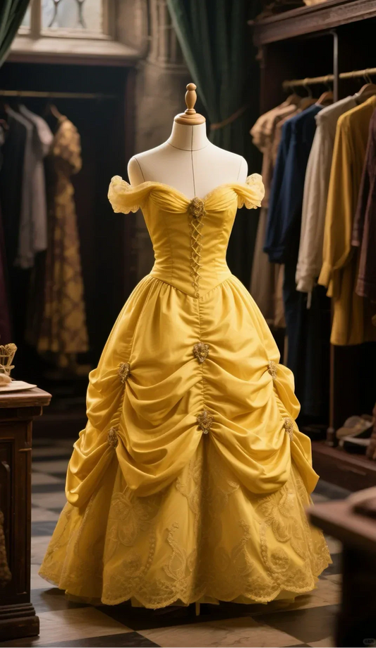 Yellow Ball Gown Off The Shoulder Satin Lace Long Prom Dress Evening Dress
