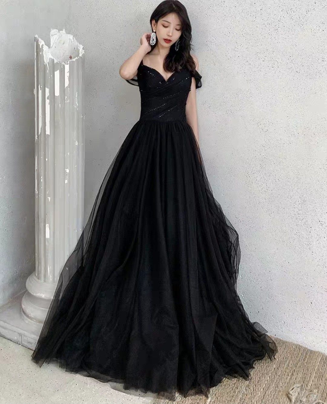 Classy A Line Black Off The Shoulder Tulle Sequin Long Prom Dress, Evening Gown C6219