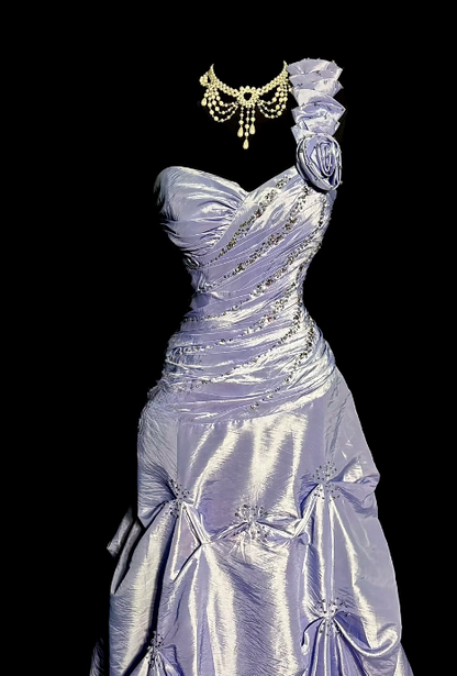 Lilac Ball Gown One Shoulder Satin Beaded Without Sleeves Long Prom Dress, Evening Dress C6642