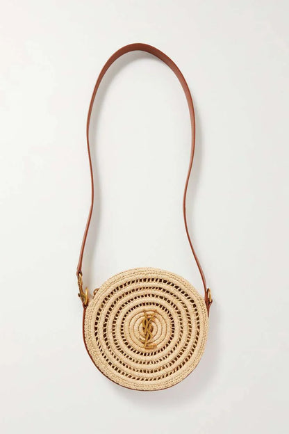 SAINT LAURENT Cassandre Round leather-trimmed raffia shoulder bag