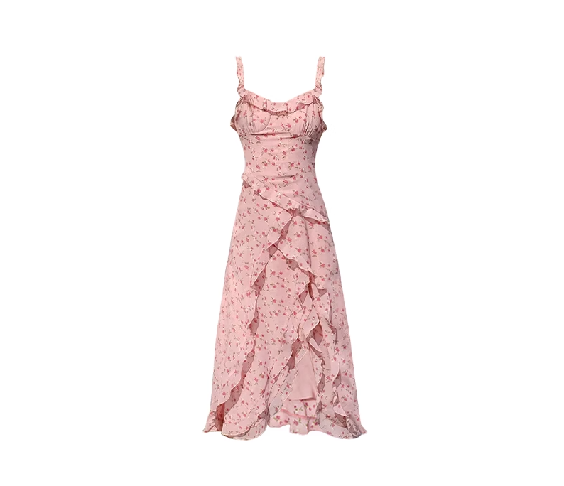 Simple A Line Spaghetti Straps Pink Floral Women Dresses Casual Dress Party Dress R0001