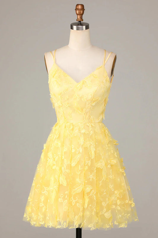 omberprom Short Homecoming Dress Yellow Graduation Dresses A-Line Spaghetti Straps with Appliques