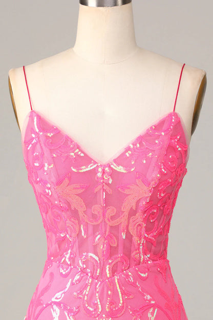 omberprom Sequins Homecoming Dress Amazing Sheath Fuchsia Spaghetti Straps