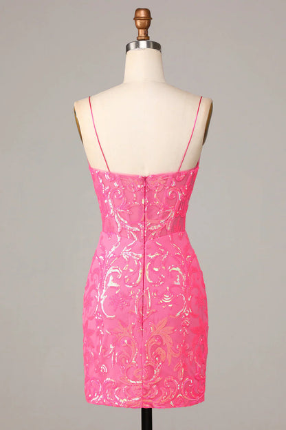 omberprom Sequins Homecoming Dress Amazing Sheath Fuchsia Spaghetti Straps