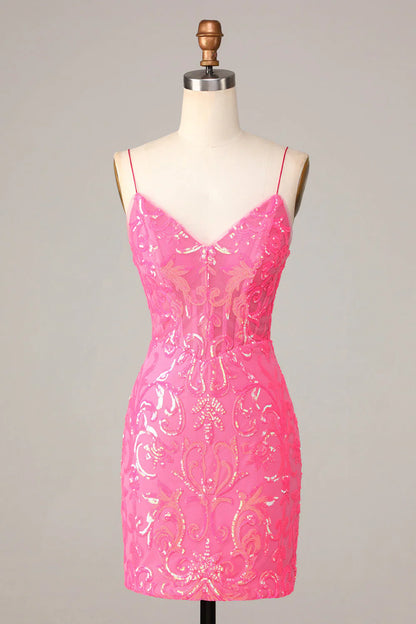 omberprom Sequins Homecoming Dress Amazing Sheath Fuchsia Spaghetti Straps