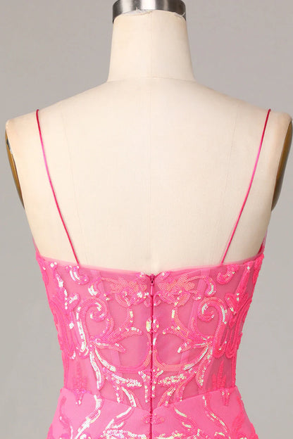 omberprom Sequins Homecoming Dress Amazing Sheath Fuchsia Spaghetti Straps