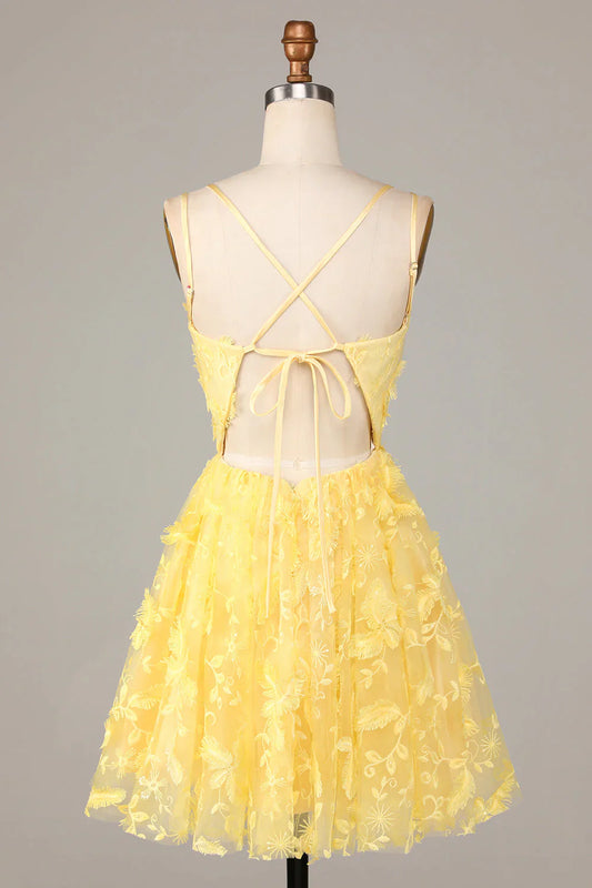 omberprom Short Homecoming Dress Yellow Graduation Dresses A-Line Spaghetti Straps with Appliques