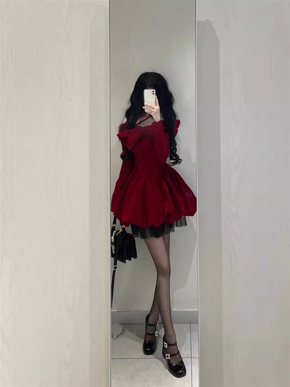 Cute Ball Gown Long Sleeves Velvet Red Short Cocktail Dresses Birthday Outfits