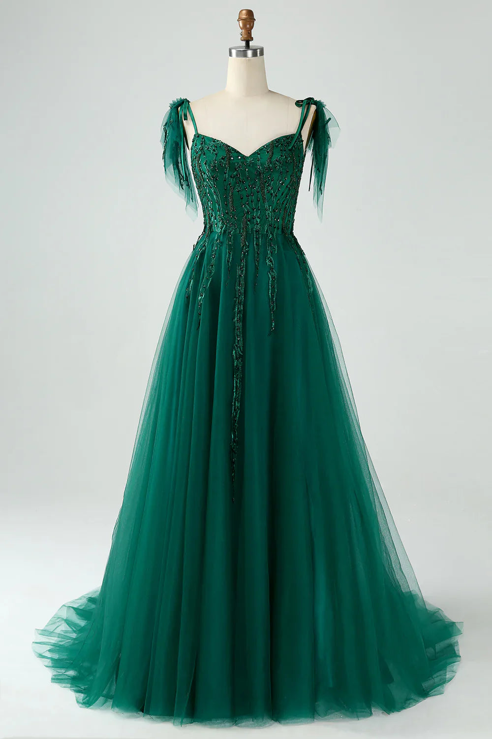 omberprom A-Line Prom Dresses Spaghetti Straps Long Prom Dress with Beading Dark Green