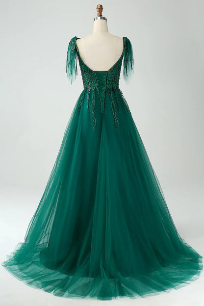 omberprom A-Line Prom Dresses Spaghetti Straps Long Prom Dress with Beading Dark Green