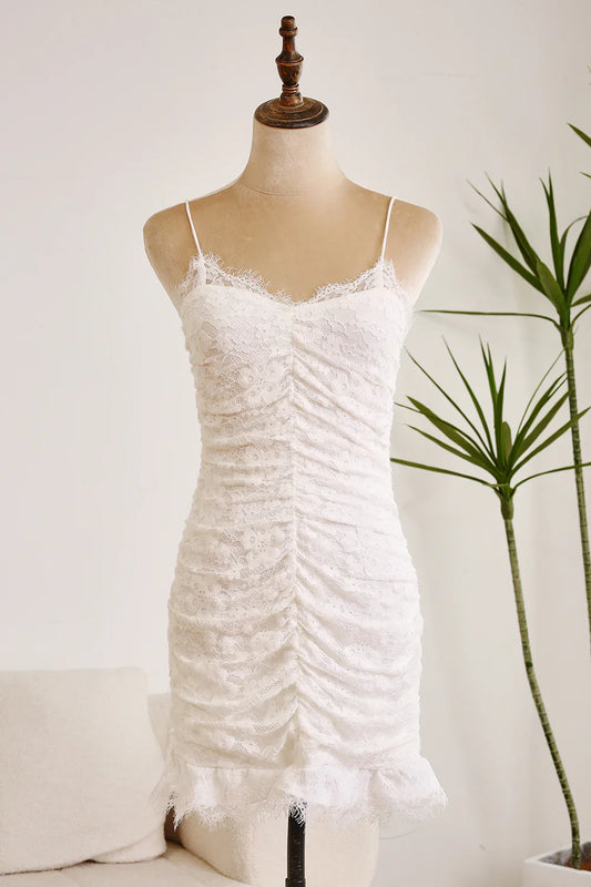 omberprom Classy Bodycon Lace Homecoming Dresses Suspender Pleated Open Back Short Graduation Dress
