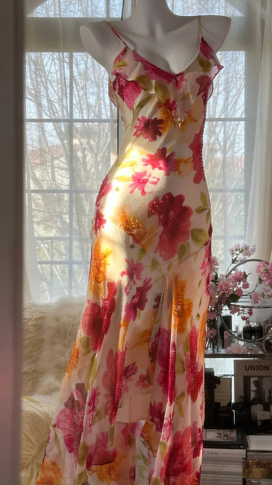 Beautiful Spaghetti Straps Chiffon Print Floral Mermaid Evening Dress Formal Party Gown Y8915