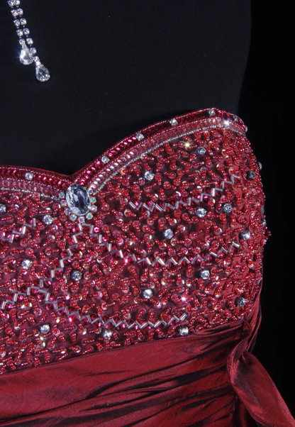 Elegant Strapless Satin Beaded Party Dress Burgundy Mermaid Long Prom Gown