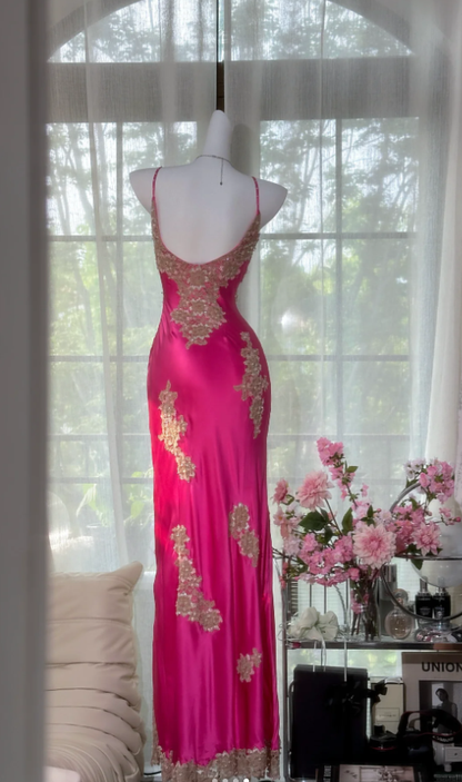 Pretty Hot Pink Spaghetti Straps V Neck Satin Lace Appliques Slit Long Prom Dress Birthday Party Gown