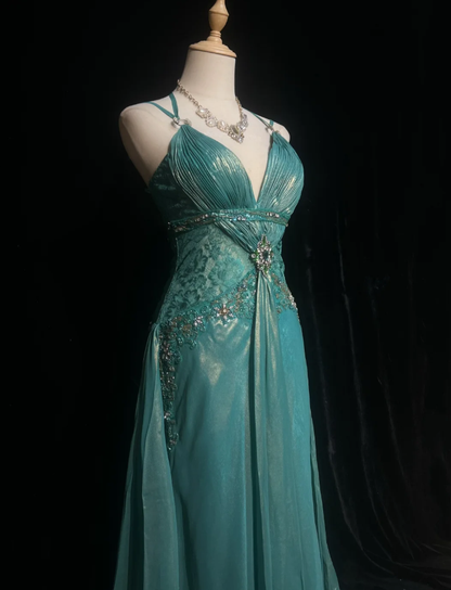 Vintage Spaghetti Straps Green Satin Lace Beaded Mermaid Long Party Dress Birthday Dress SP1817