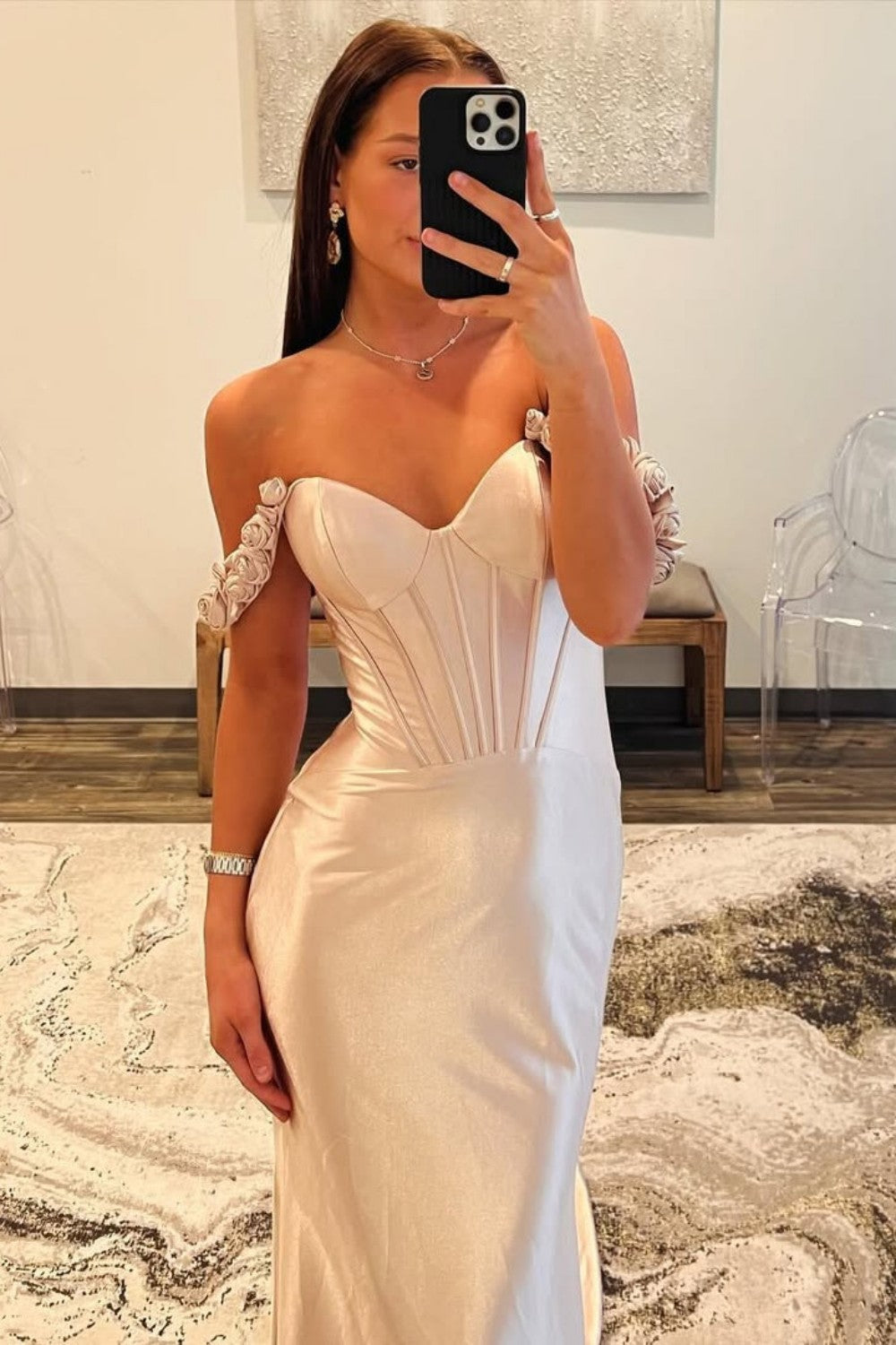 Champagne Fitted Satin Prom Dress with Floral Off-Shoulder Sleeves