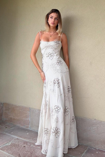 Charming A Line Spaghetti Straps White Long Prom Dress with Beading