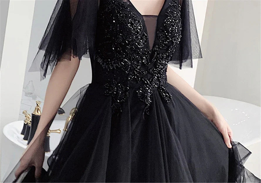 omberprom Charming Prom Dress V Neck Long Formal Dresses Black Layers Long Evening Dresses Wholesale