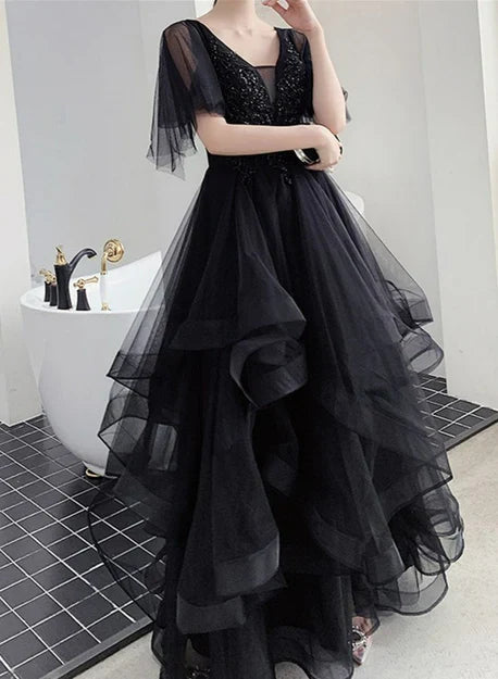 omberprom Charming Prom Dress V Neck Long Formal Dresses Black Layers Long Evening Dresses Wholesale