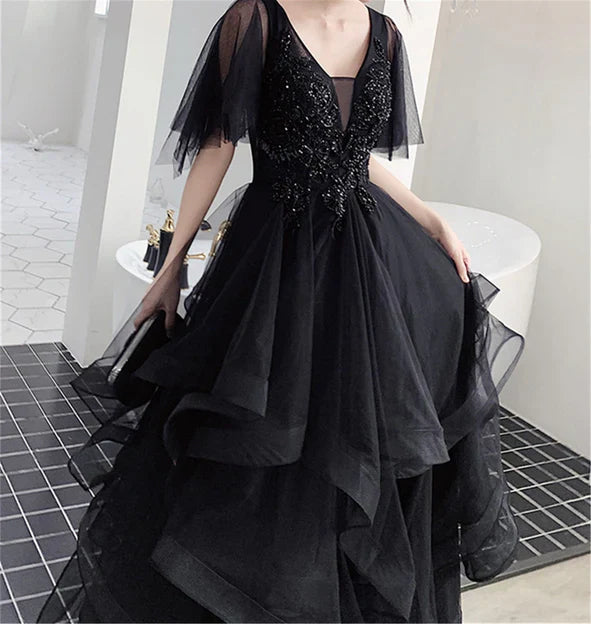 omberprom Charming Prom Dress V Neck Long Formal Dresses Black Layers Long Evening Dresses Wholesale